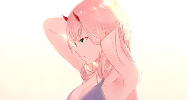 Anime picture 2220x1180 with darling in the franxx studio trigger zero two (darling in the franxx) takaha kei single long hair highres breasts simple background smile wide image pink hair upper body profile arm up horn (horns) aqua eyes armpit (armpits) gradient background adjusting hair