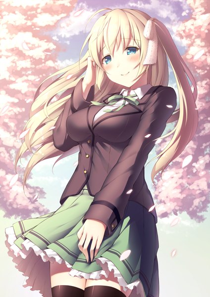 Anime picture 723x1023 with original yomono single long hair tall image blush blue eyes blonde hair smile cherry blossoms girl thighhighs skirt uniform ribbon (ribbons) black thighhighs hair ribbon school uniform petals