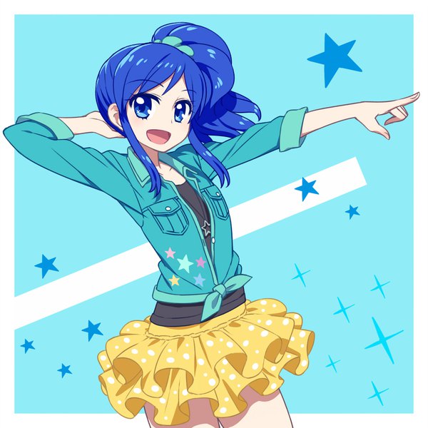 Anime picture 1000x1000 with aikatsu! kiriya aoi chan co single long hair looking at viewer open mouth blue eyes blue hair :d outstretched arm side ponytail border arm behind head blue background outside border frilly skirt pointing front-tie top star print