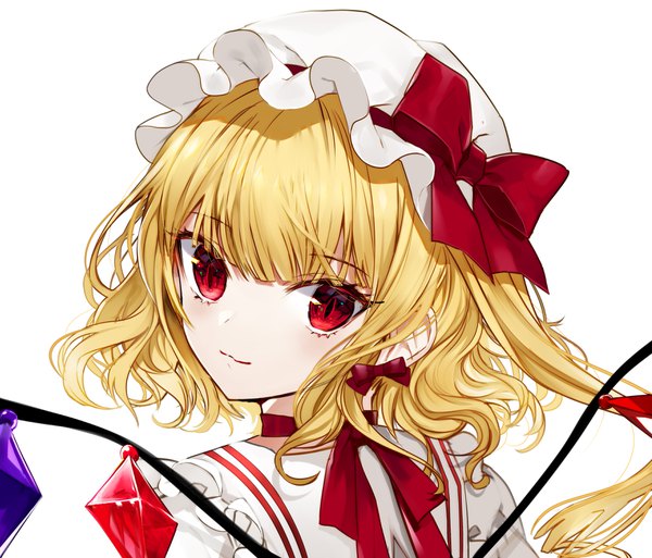 Anime picture 3507x3000 with touhou flandre scarlet renkarua single looking at viewer fringe highres short hair blonde hair simple background red eyes white background absurdres looking back face girl hat wings bonnet