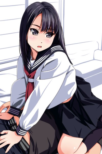 Anime picture 800x1200 with original matsunaga kouyou long hair tall image blush open mouth black hair looking away black eyes girl skirt uniform socks serafuku black socks