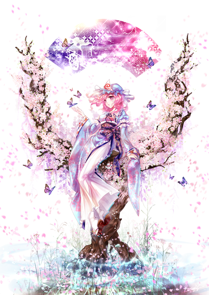 Anime picture 1000x1412 with touhou saigyouji yuyuko ransae single tall image fringe short hair white background purple eyes looking away pink hair traditional clothes wide sleeves arm support cherry blossoms girl flower (flowers) plant (plants) petals tree (trees)
