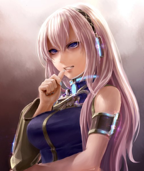 Anime picture 680x806 with vocaloid megurine luka yahako single long hair tall image fringe breasts open mouth purple eyes bare shoulders looking away pink hair fingernails finger to mouth close-up long fingernails clenched teeth girl detached sleeves
