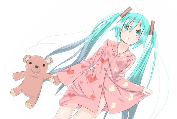 Anime picture 2039x1377 with vocaloid hatsune miku pokachu single long hair looking at viewer blush fringe highres light erotic simple background hair between eyes white background twintails long sleeves aqua eyes aqua hair :o gradient hair bottomless
