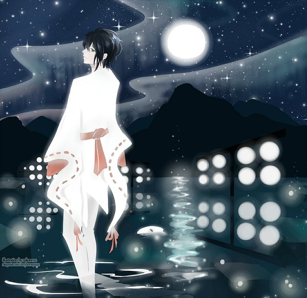 Anime picture 1100x1069 with shin sekai yori a-1 pictures aonuma shun shinkami single short hair black hair smile standing green eyes long sleeves profile light smile from behind night night sky back mountain boy water