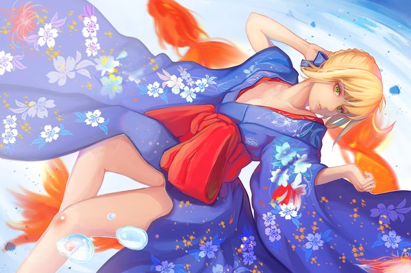 Anime picture 2000x1333 with fate (series) fate/stay night type-moon artoria pendragon (all) saber melvin lam single highres short hair light erotic blonde hair green eyes payot traditional clothes japanese clothes arm behind head girl animal kimono obi