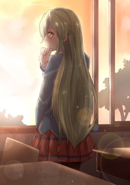 Anime picture 2800x4000 with jitsu wa watashi wa shiragami youko suppakarn prakobkij single long hair tall image looking at viewer fringe highres hair between eyes standing brown eyes indoors pleated skirt looking back green hair from behind lens flare covered mouth classroom