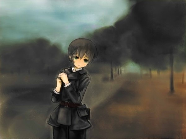 Anime picture 2000x1499 with kino no tabi kino (kino no tabi) shuta single highres short hair black hair standing green eyes smoke girl fanny pack