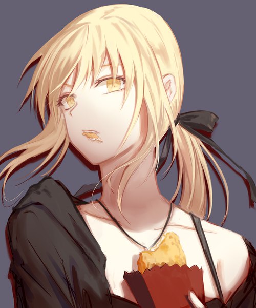 Anime picture 1500x1800 with fate (series) fate/grand order artoria pendragon (all) saber alter xing muhen single long hair tall image looking at viewer fringe simple background blonde hair holding yellow eyes payot upper body tail parted lips grey background open jacket