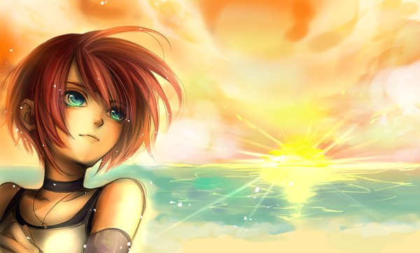 Anime picture 1700x1024 with kingdom hearts square enix kairi (kingdom hearts) tayuya1130 highres short hair blue eyes wide image red hair evening sunset girl water pendant