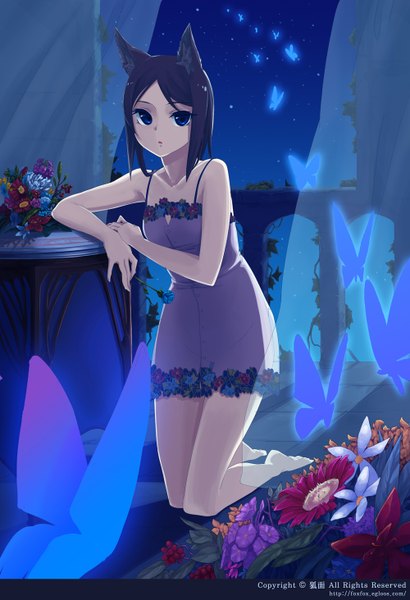 Anime picture 1000x1463 with original ssberit single tall image looking at viewer short hair blue eyes black hair bare shoulders animal ears barefoot night girl flower (flowers) insect butterfly sundress