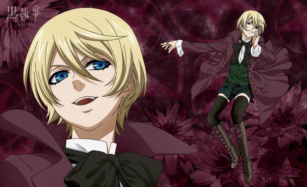 Anime picture 1600x975 with kuroshitsuji a-1 pictures alois trancy looking at viewer short hair open mouth blue eyes blonde hair smile wide image red background dual persona thighhighs boy flower (flowers) black thighhighs shorts boots bowtie cloak