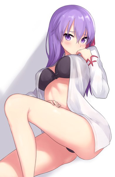 Anime picture 826x1263 with fate (series) fate/stay night matou sakura ichijou (kr neru0) single long hair tall image looking at viewer blush fringe breasts light erotic simple background hair between eyes white background purple eyes purple hair open shirt hand to mouth girl