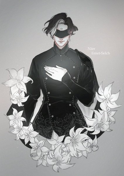 Anime picture 636x900 with final fantasy nier final fantasy xiv square enix emet-selch saito yukihiro single tall image short hair black hair simple background upper body long sleeves multicolored hair grey background two-tone hair streaked hair copyright name character names hand on chest