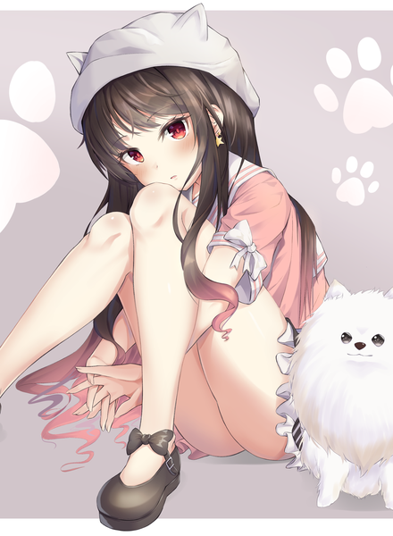 Anime picture 2125x2894 with original hyonee single long hair tall image looking at viewer blush fringe highres light erotic black hair simple background red eyes sitting payot bent knee (knees) blunt bangs parted lips head tilt multicolored hair