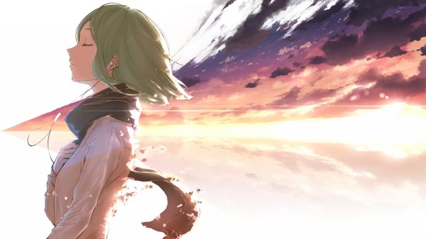 Anime picture 1920x1080 with vocaloid gumi minamito single highres short hair wide image sky cloud (clouds) eyes closed profile green hair wallpaper hand on chest girl headphones scarf blouse