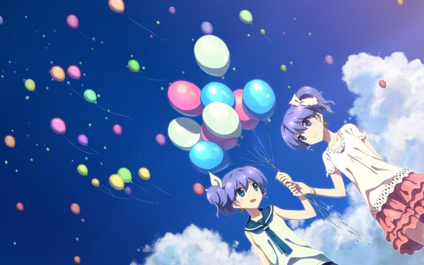 Anime picture 1920x1200 with dj max ladymade star seha klatt nina klatt yuuki tatsuya highres short hair open mouth blue eyes smile wide image multiple girls blue hair sky cloud (clouds) girl skirt 2 girls balloon