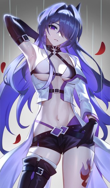 Anime picture 3500x6000 with honkai: star rail honkai (series) acheron (honkai: star rail) tagme (artist) single long hair tall image looking at viewer fringe highres breasts light erotic simple background standing purple eyes absurdres purple hair parted lips head tilt arm up