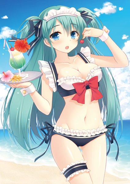 Anime picture 1013x1432 with original miko (royal milk) long hair tall image looking at viewer blush breasts open mouth blue eyes light erotic blue hair two side up groin girl flower (flowers) ribbon (ribbons) swimsuit hair ribbon bikini food