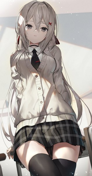 Anime picture 1382x2628 with original scottie (phantom2) single long hair tall image looking at viewer fringe breasts hair between eyes standing payot silver hair indoors long sleeves parted lips head tilt pleated skirt from below grey eyes zettai ryouiki