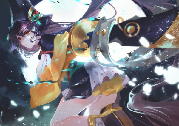 Anime picture 2500x1767 with onmyoji youtouhime vardan single looking at viewer fringe highres hair between eyes standing yellow eyes purple hair bent knee (knees) ass very long hair parted lips from behind turning head standing on one leg girl weapon