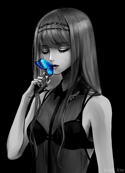 Anime picture 800x1100 with original yuari kim single long hair tall image fringe light erotic simple background bare shoulders signed upper body eyes closed nail polish lips twitter username black background monochrome eyeshadow shiny butterfly on hand