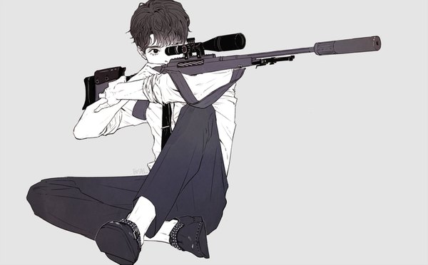 Anime picture 1450x901 with dokkaebi wang yeo heather37 single fringe short hair brown hair wide image sitting holding looking away black eyes monochrome twisty sleeves boy weapon shirt necktie shoes white shirt