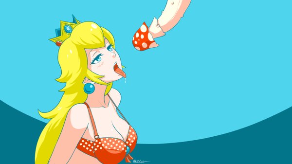 Anime picture 2688x1512 with super mario bros. princess peach akairiot single long hair blush fringe highres breasts open mouth blue eyes light erotic simple background blonde hair wide image blue background saliva sexually suggestive girl earrings