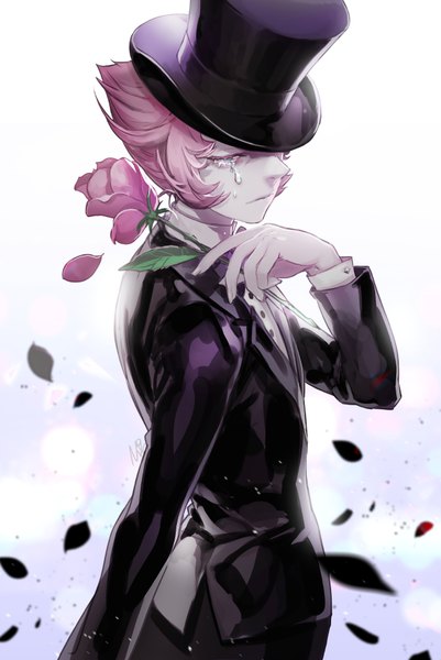Anime picture 650x971 with steven universe pearl (steven universe) oollnoxlloo single tall image short hair standing holding pink hair aqua eyes from behind tears gradient background crying boy flower (flowers) petals rose (roses) top hat pink rose
