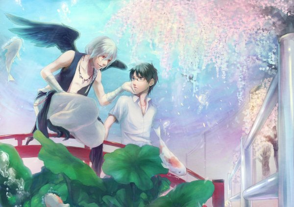 Anime picture 1200x849 with tagme (copyright) otsuki (artist) short hair black hair red eyes brown eyes white hair looking back cherry blossoms squat underwater black wings shounen ai angel boy plant (plants) tree (trees) glasses bubble (bubbles) fish (fishes)