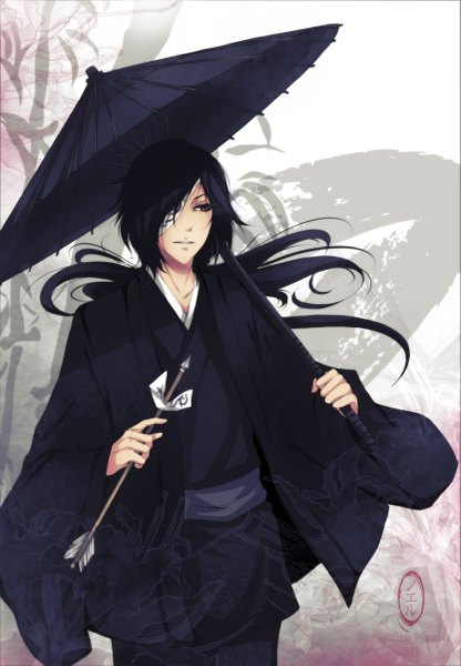 Anime picture 833x1200 with natsume yuujinchou brains base (studio) matoba seiji saito yukihiro single long hair tall image fringe black hair red eyes holding looking away traditional clothes japanese clothes boy kimono umbrella eyepatch oriental umbrella arrow (arrows)