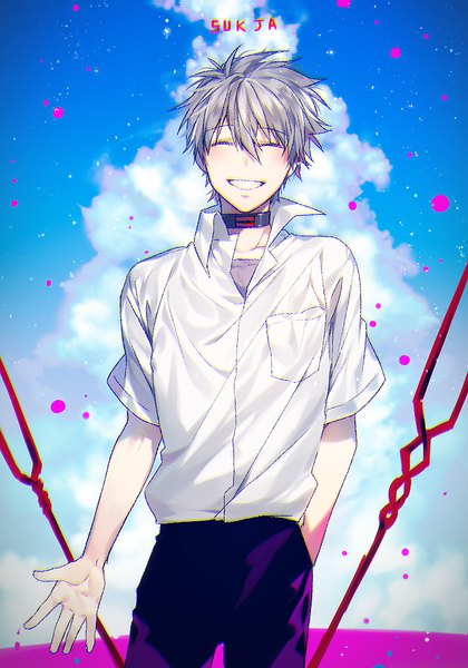 Anime picture 700x1000 with neon genesis evangelion gainax nagisa kaworu sorolp single tall image fringe short hair smile hair between eyes signed sky silver hair cloud (clouds) eyes closed wind happy ^ ^ hand in pocket boy