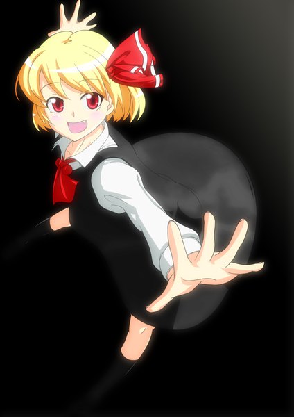 Anime picture 661x935 with touhou rumia tathiro (030618) single tall image looking at viewer short hair open mouth simple background blonde hair red eyes from above fang (fangs) black background spread arms girl ribbon (ribbons) hair ribbon ascot