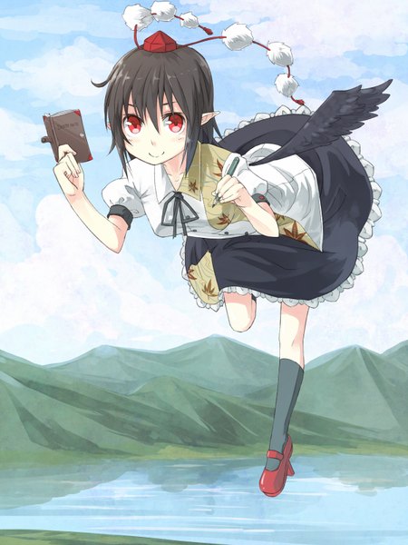Anime picture 1200x1600 with touhou shameimaru aya ibuki notsu single tall image looking at viewer blush short hair black hair smile red eyes sky cloud (clouds) pointy ears mountain flying landscape black wings lake girl