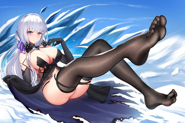 Anime picture 6000x4000 with azur lane illustrious (azur lane) nekoda (maoda) single long hair looking at viewer blush fringe highres breasts light erotic smile large breasts purple eyes absurdres cleavage silver hair full body bent knee (knees) ass