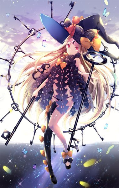 Anime picture 1015x1600 with fate (series) fate/grand order abigail williams (fate) cang qi lu single tall image looking at viewer light erotic blonde hair red eyes sky full body very long hair sparkle shaded face outstretched hand girl underwear panties bow