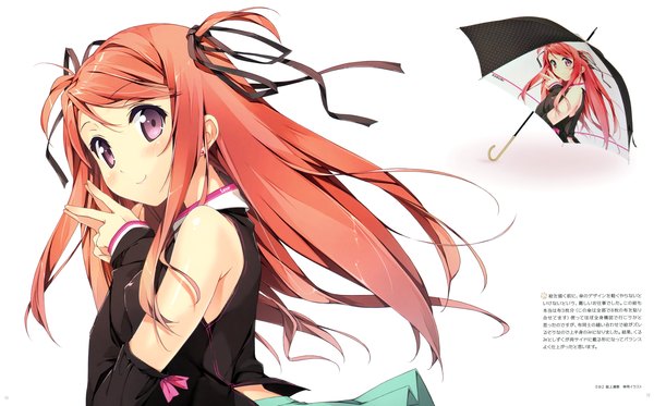 Anime picture 4824x3000 with original kurumi (kantoku) kantoku single long hair blush highres simple background smile wide image white background purple eyes absurdres red hair two side up girl ribbon (ribbons) hair ribbon detached sleeves umbrella