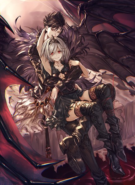 Anime picture 1187x1630 with granblue fantasy gita (granblue fantasy) belial (granblue fantasy) alter ego malevolent (granblue fantasy) kawanakajima tall image looking at viewer fringe short hair breasts smile hair between eyes red eyes brown hair sitting full body white hair one eye closed arm up horn (horns)