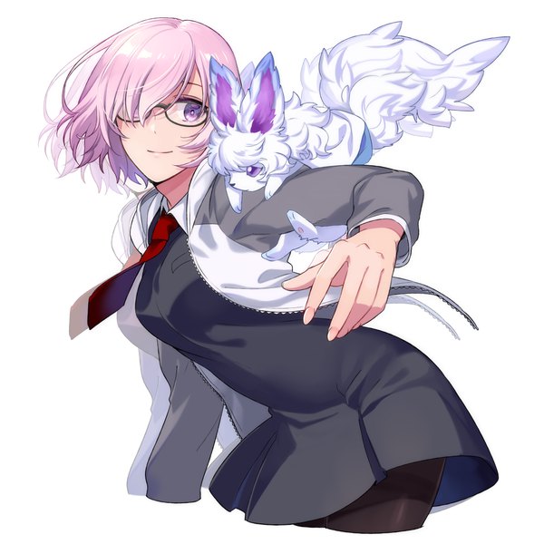 Anime picture 1024x1024 with fate (series) fate/grand order mash kyrielight fou (fate) yasutada (artist) single fringe short hair simple background smile white background looking away pink hair arm up hair over one eye open jacket leaning animal on shoulder girl animal