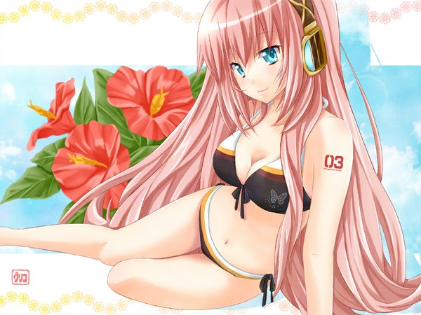 Anime picture 1000x750 with vocaloid megurine luka pengin guriko single long hair blue eyes pink hair girl navel flower (flowers) swimsuit bikini headphones black bikini