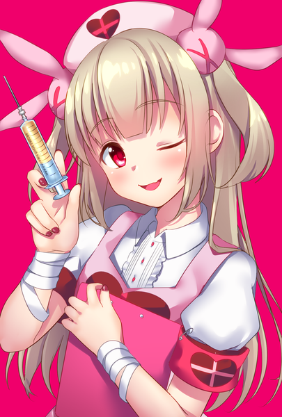 Anime picture 1378x2039 with virtual youtuber sana channel natori sana hio (hiohio0306) single long hair tall image looking at viewer blush open mouth payot nail polish one eye closed wink two side up puffy sleeves pink background ;d red nail polish girl