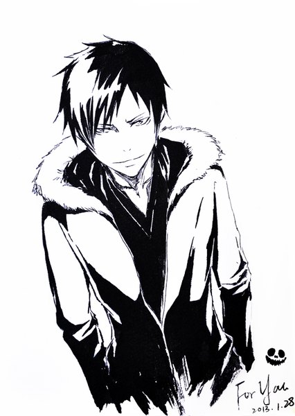 Anime picture 1066x1500 with durarara!! brains base (studio) orihara izaya pixiv id 4396501 single tall image looking at viewer fringe short hair black hair simple background smile white background from above monochrome smirk boy jacket hood