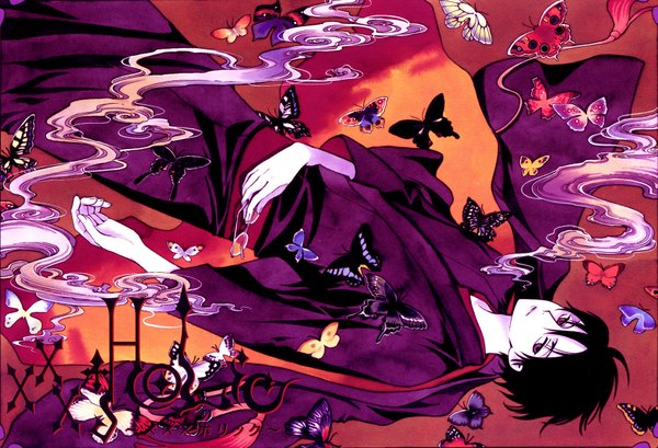 Anime picture 1795x1225 with xxxholic clamp watanuki kimihiro highres japanese clothes smoke boy kimono insect butterfly