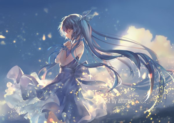 Anime picture 4300x3040 with vocaloid hatsune miku azomo single fringe highres breasts smile standing twintails bare shoulders signed blue hair absurdres sky cloud (clouds) upper body eyes closed very long hair profile