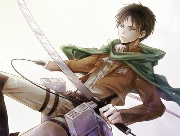 Anime picture 1150x870 with shingeki no kyojin production i.g levi (rivaille) angel31424 single short hair simple background brown hair white background holding brown eyes dual wielding weapon sword thigh boots cape