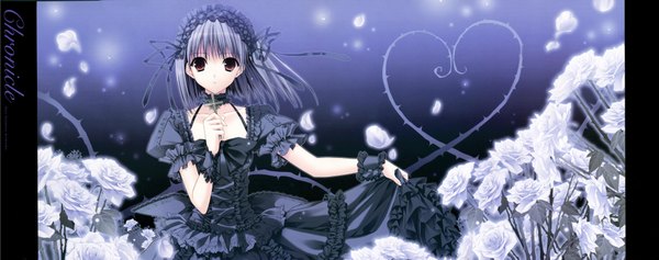 Anime picture 7809x3092 with chronicle-suzuhira hiro artworks suzuhira hiro single looking at viewer fringe highres short hair wide image standing holding brown eyes parted lips wind grey hair puffy sleeves gradient background frilled dress lolita fashion dualscreen girl