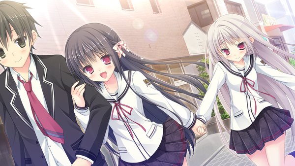 Anime picture 1280x720 with hare nochi kitto nanohana biyori long hair blush short hair open mouth black hair smile red eyes wide image multiple girls game cg white hair black eyes girl boy skirt uniform bow 2 girls hair bow