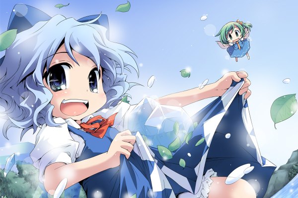Anime picture 1200x800 with touhou cirno daiyousei ham (points) fringe short hair open mouth blue eyes multiple girls holding blue hair sky outdoors green hair sunlight short sleeves happy chibi girl dress