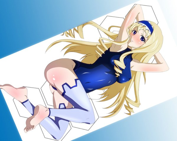 Anime picture 1024x819 with infinite stratos 8bit cecilia orcott long hair blush blue eyes light erotic blonde hair barefoot arms up armpit (armpits) erect nipples legs covered navel drill hair covered nipples girl hairband bodysuit