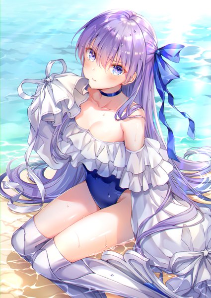 Anime picture 779x1100 with fate (series) fate/grand order meltryllis (fate) meltryllis (swimsuit lancer) (fate) higeneko single tall image looking at viewer blush fringe breasts hair between eyes sitting purple eyes purple hair very long hair from above wet partially submerged yokozuwari